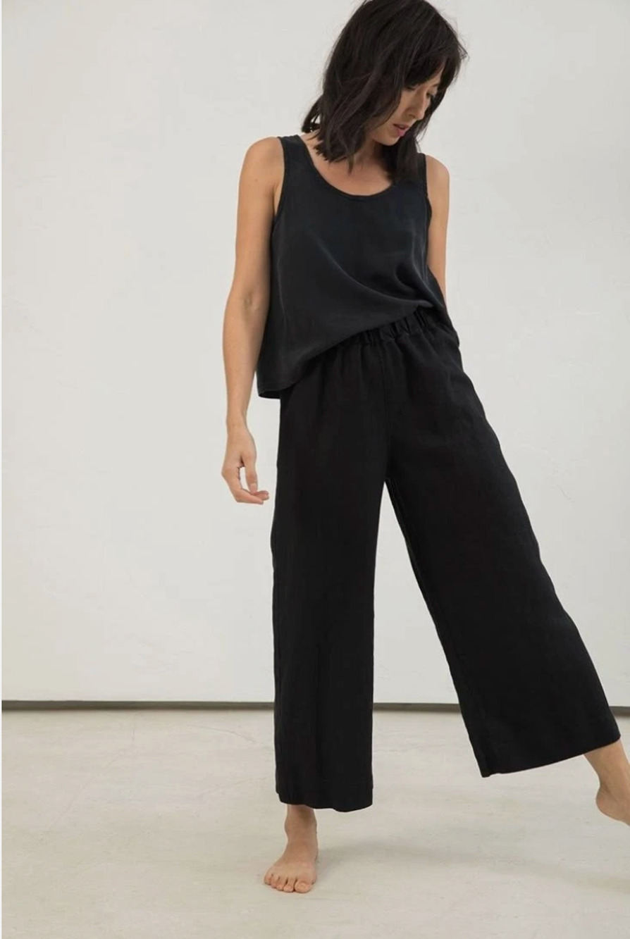 Elizabeth Suzann Florence Pants Womens 1X Black 100% Linen Tapered Elastic Waist